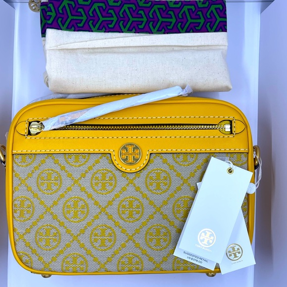 BNIB Tory Burch Camera Bag in Goldfinch w/ Monogram pattern w/dust-bag.